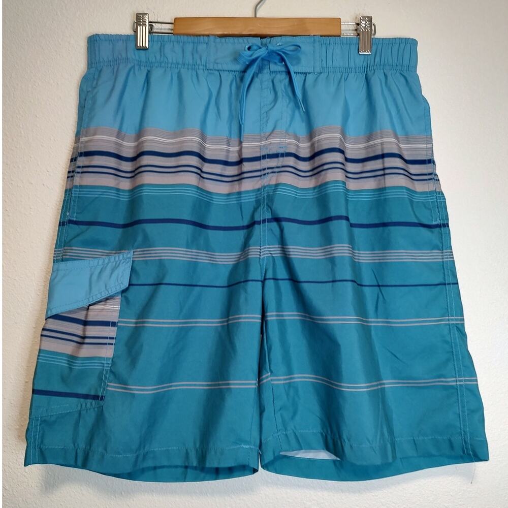 Tru Cal Blue Green Grey Striped Mesh Lined Drawstring Front Swim Boardshorts XL